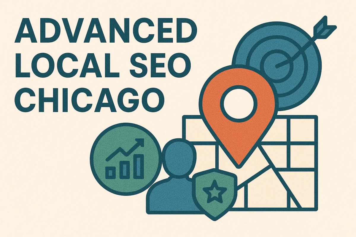 Advanced local SEO Chicago icons with map pin, chart, target, and user symbol.