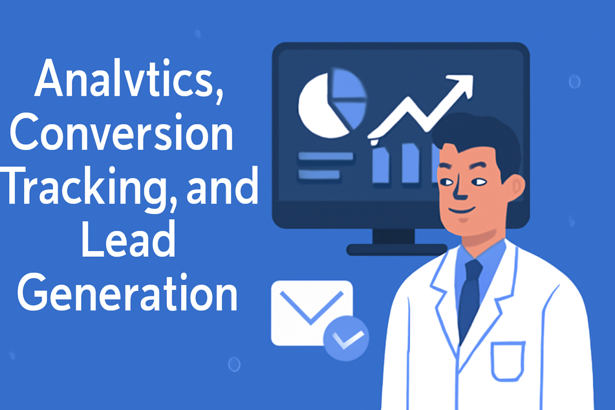 Doctor with analytics and lead generation icons on a monitor