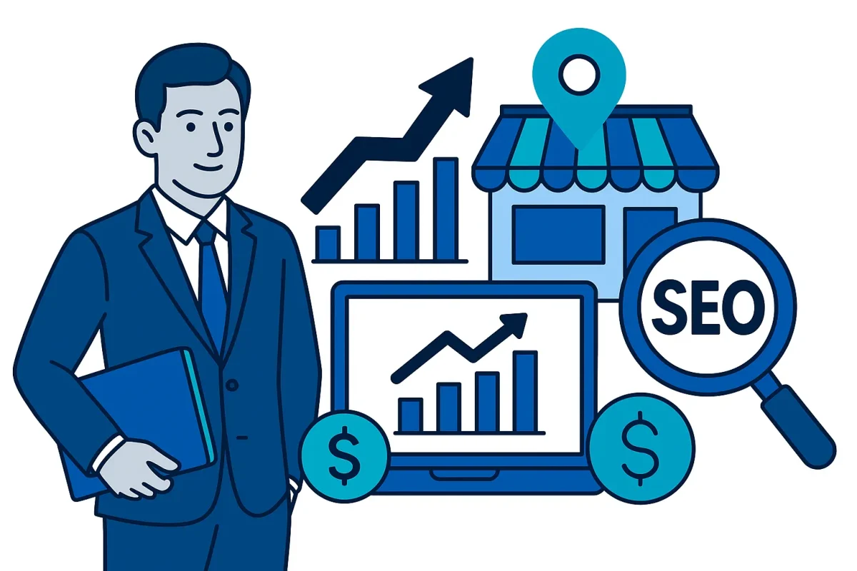 Businessman with SEO icons showing local SEO growth benefits
