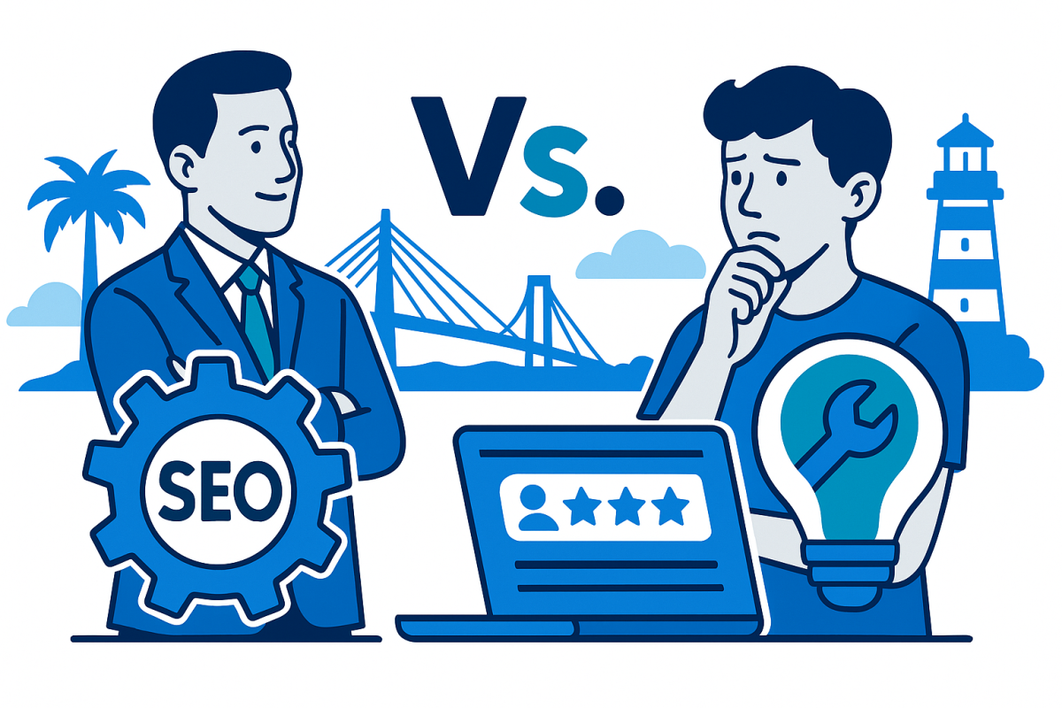 Illustration of expert vs. DIY SEO comparison with two people, laptop, and Cape Coral icons.
