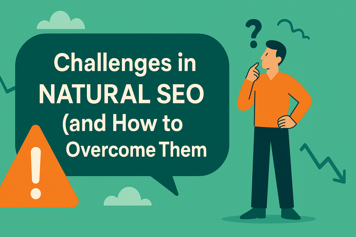 Illustration of a person thinking next to a speech bubble about SEO challenges, with a warning icon and downward trend symbols.