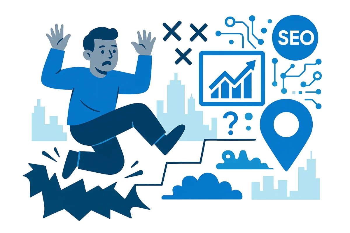 Man falling into pit with SEO icons, graph, and location pin