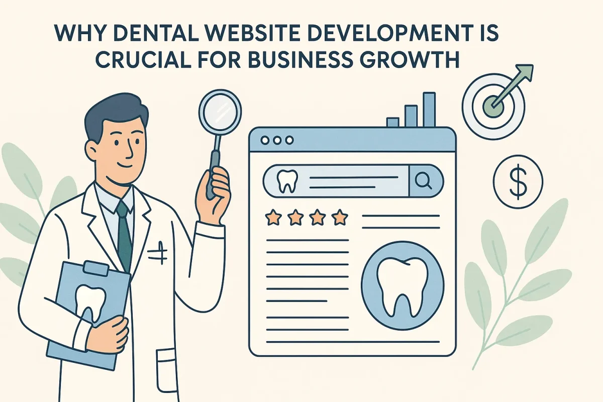 Dental website development illustration with dentist and growth icons.
