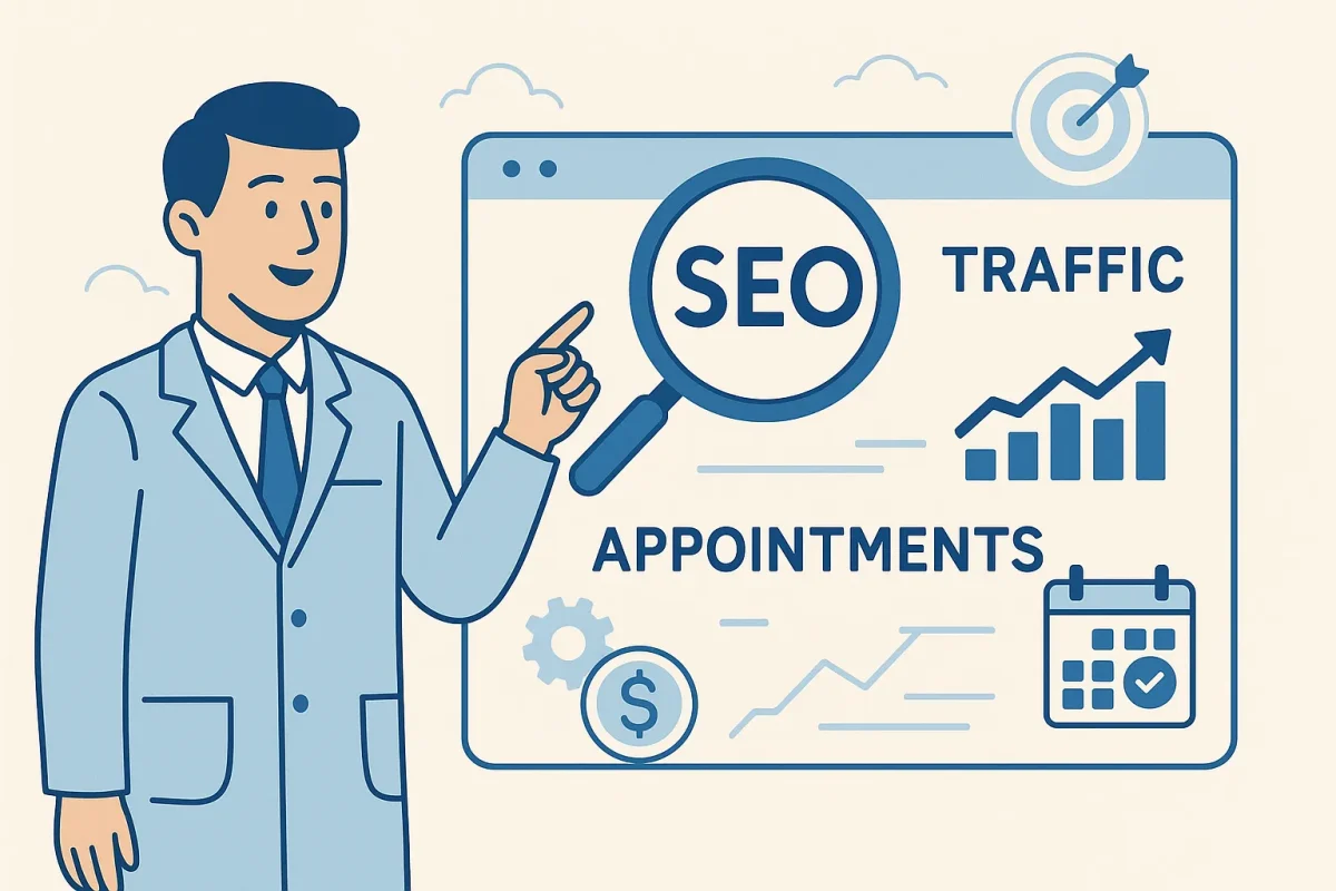 SEO strategy illustration with doctor, traffic chart, and appointment icons