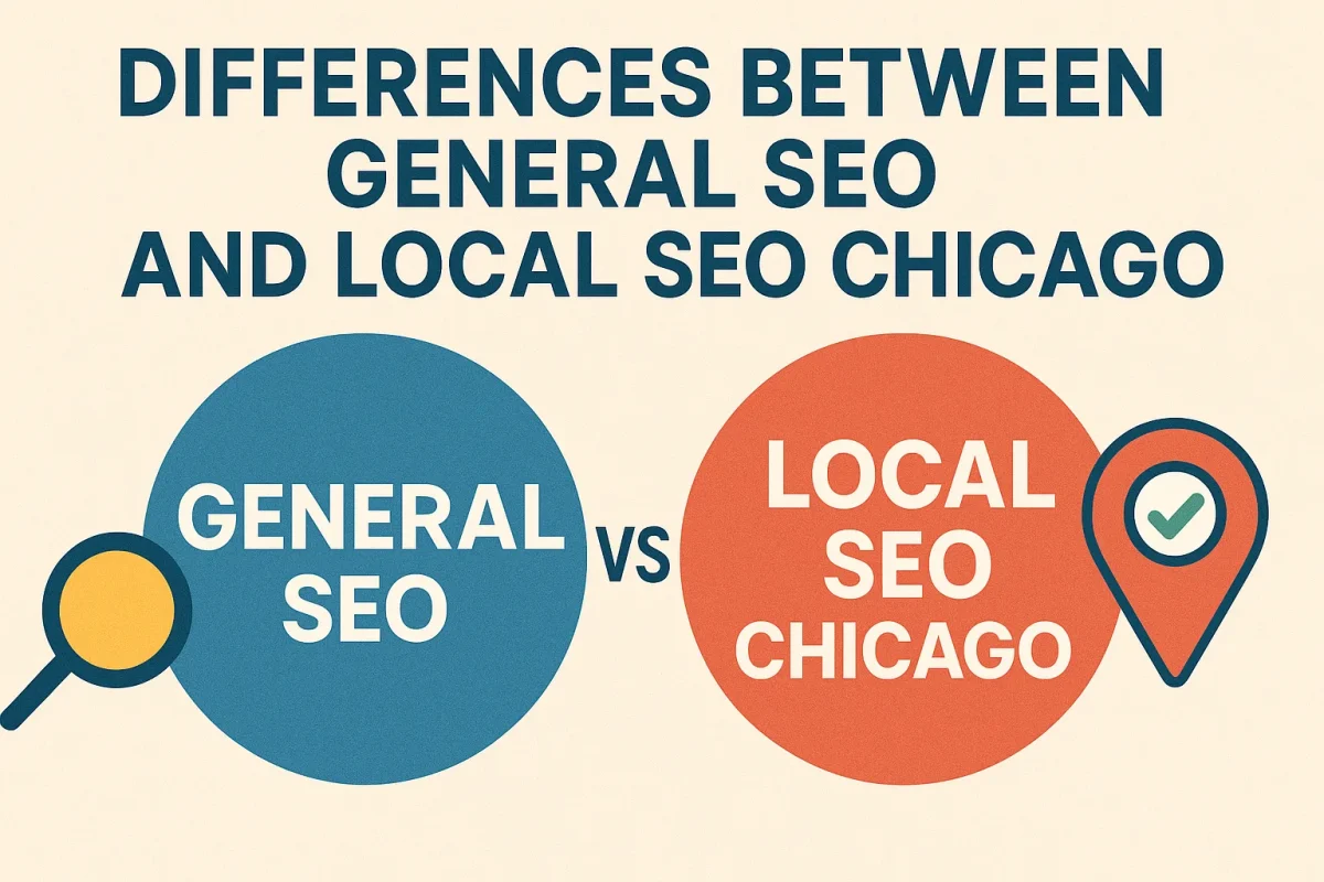Infographic comparing general SEO vs local SEO Chicago with icons and bold text.