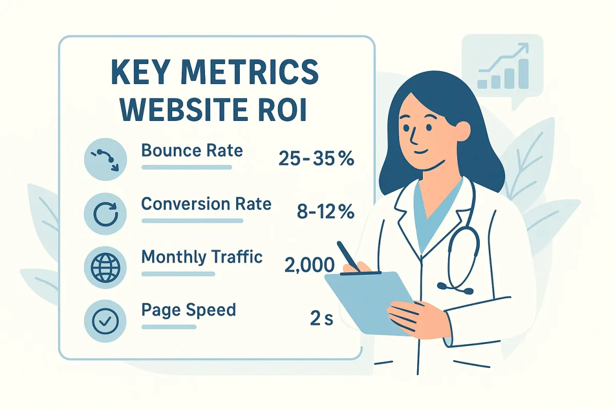 Doctor with ROI metrics board showing bounce rate, traffic, and conversions