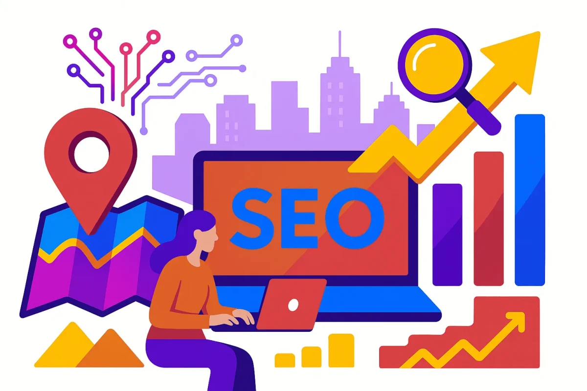 Colorful illustration of local SEO with laptop, map pin, charts, and city skyline.