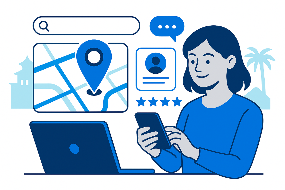 Illustration of woman managing local SEO with map, reviews, and digital profile icons.