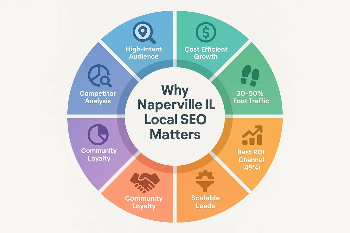 Circular infographic showing benefits of Naperville IL local SEO for small businesses