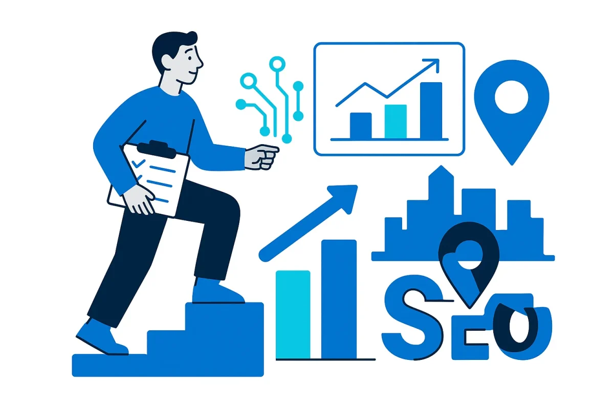 Man climbing steps with SEO icons, graph, and location pin.