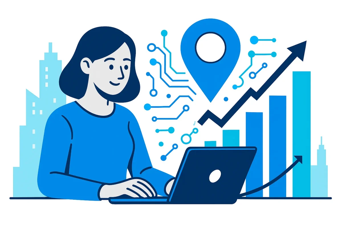 Woman using laptop with growth chart, cityscape, and tech icons representing local SEO near me