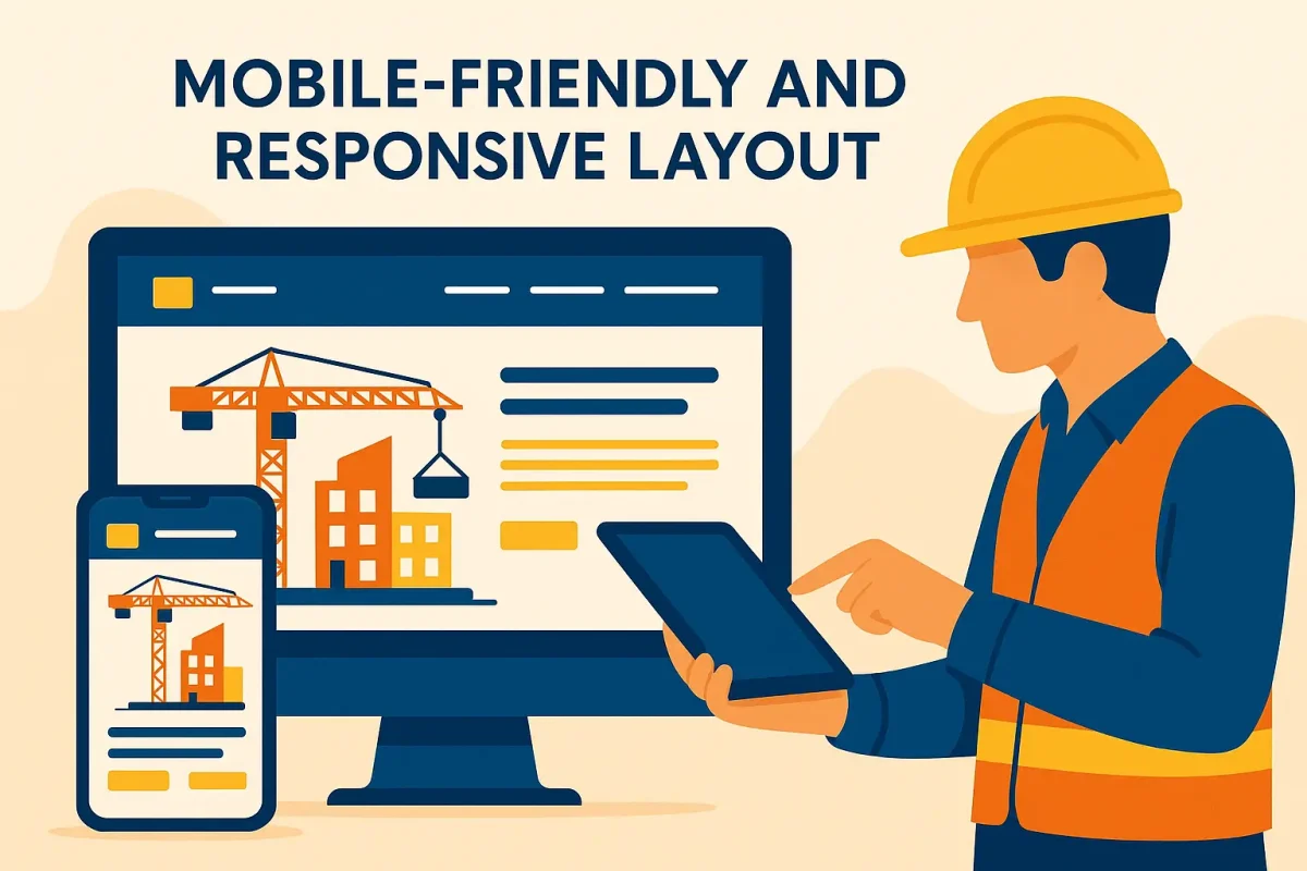 Construction company website design showing mobile-friendly and responsive layout with builder using tablet and digital screens.