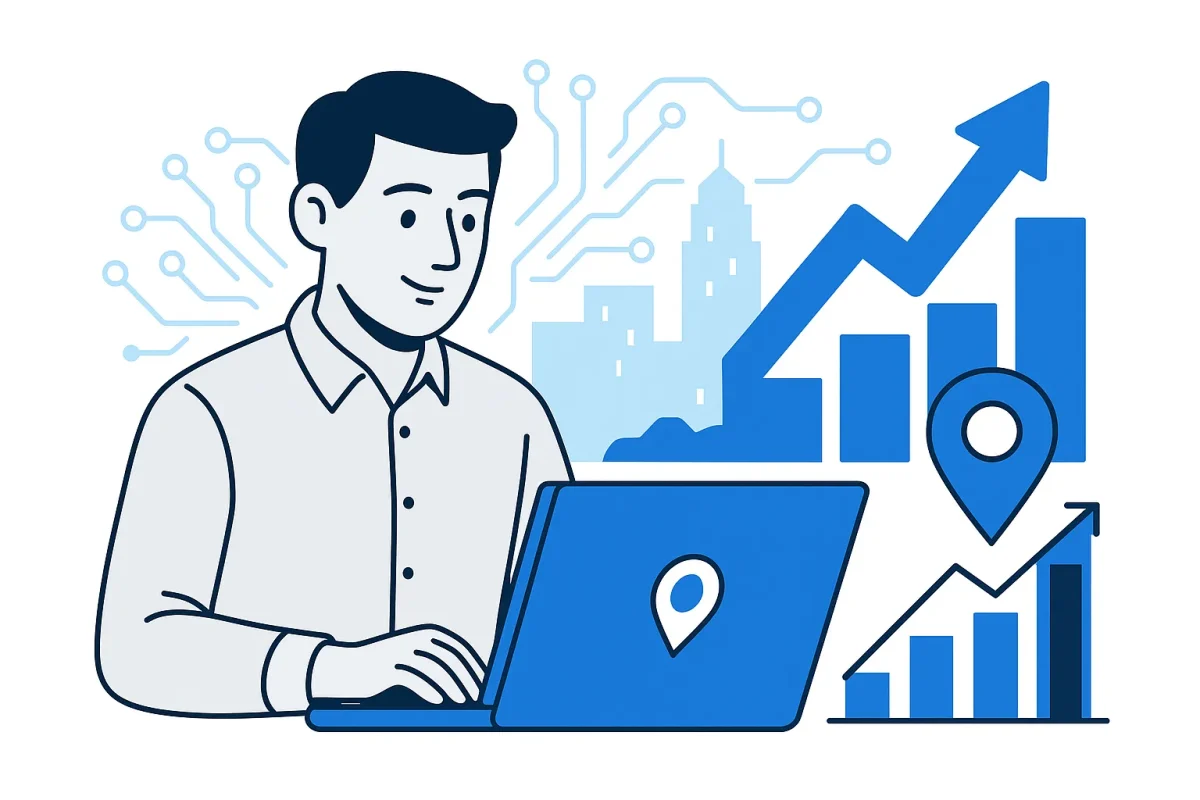 Illustration of person using laptop with local SEO icons and Naperville skyline
