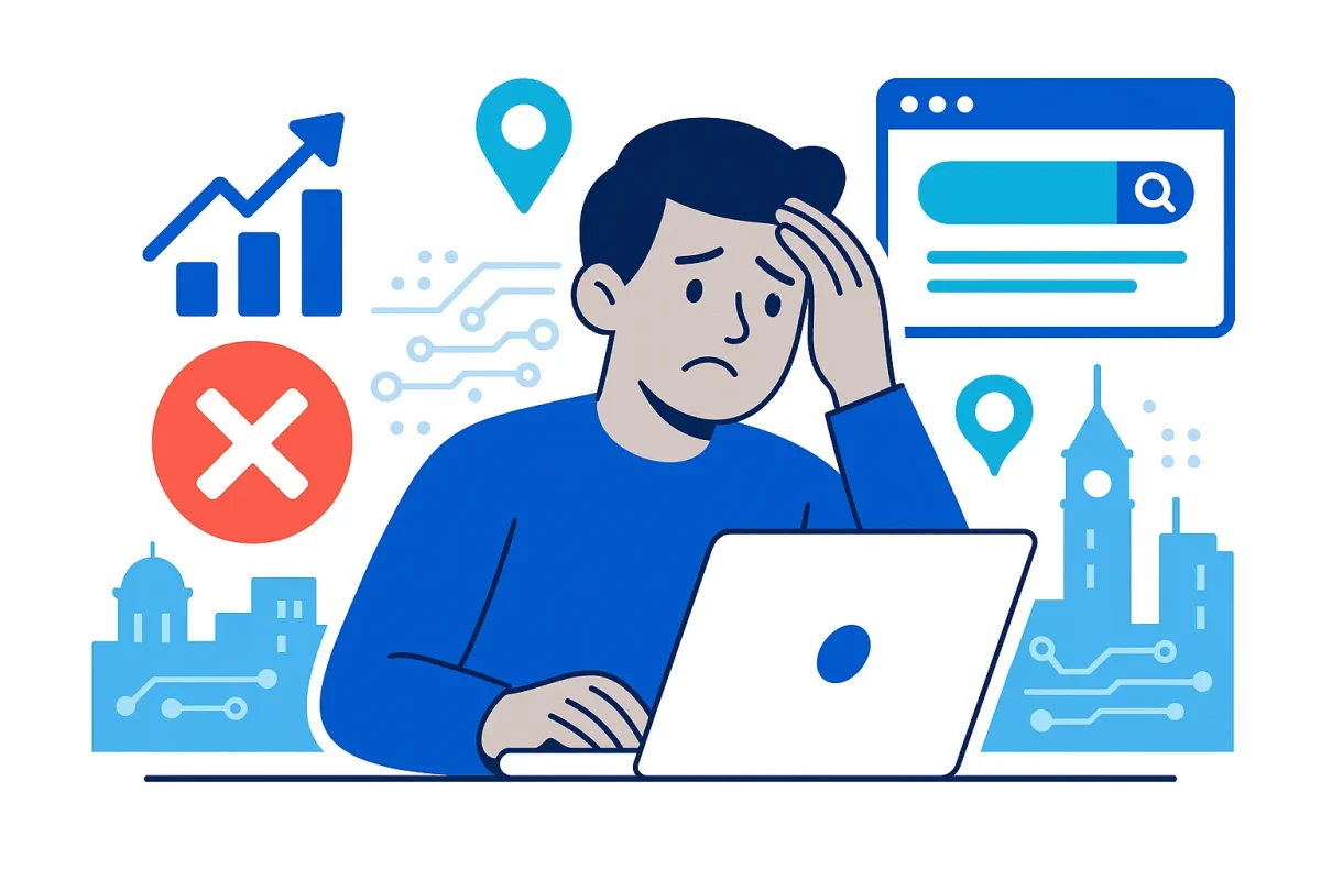 SEO mistake concept with frustrated man, laptop, and Naperville icons.