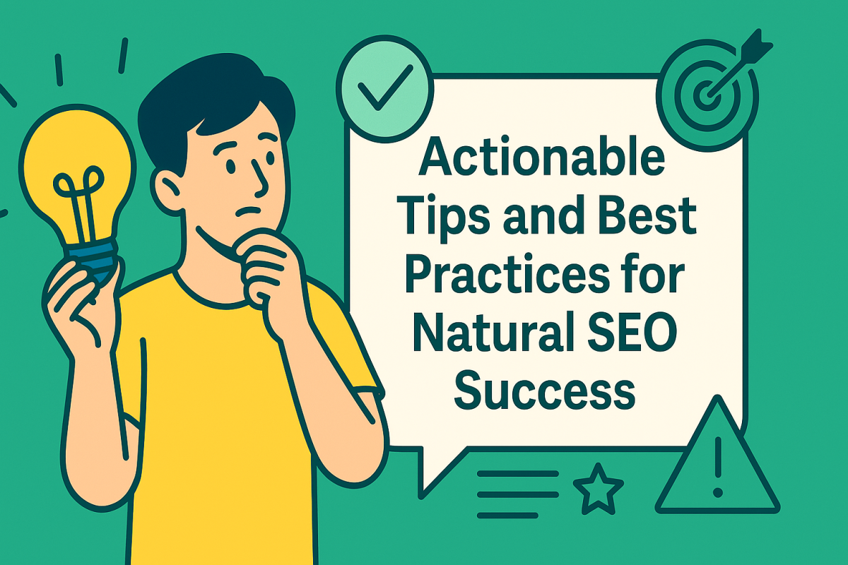 Illustration of a person holding a light bulb beside a checklist and target icon, representing SEO best practices and tips.