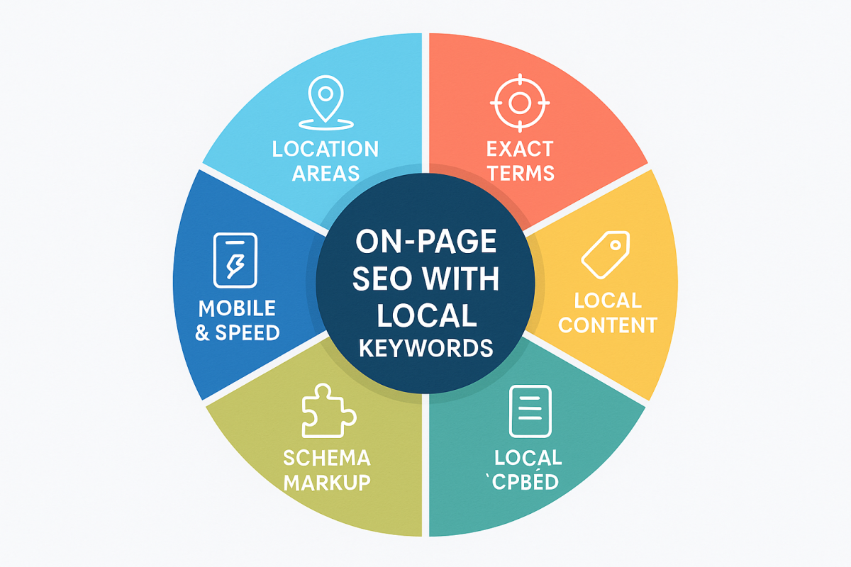 Illustration showing seo cape coral strategy with six local SEO elements in a circular infographic