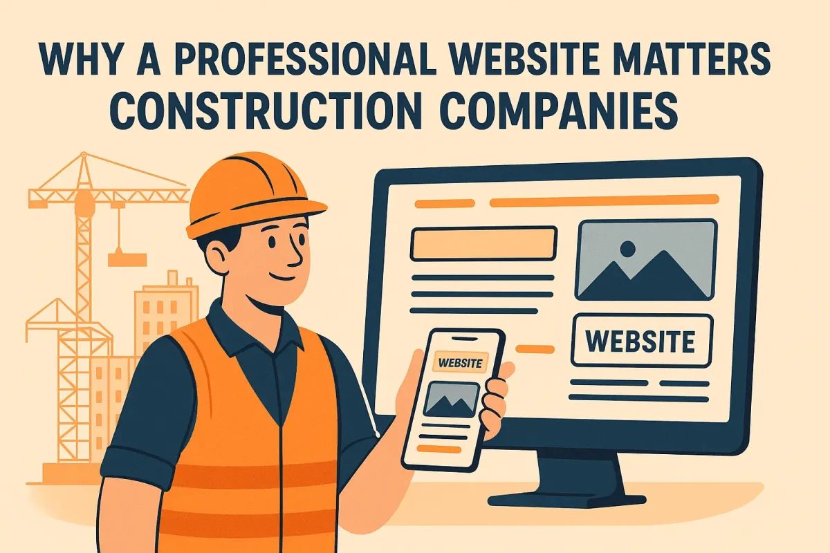Construction company website design illustration with builder holding smartphone and website preview on monitor.