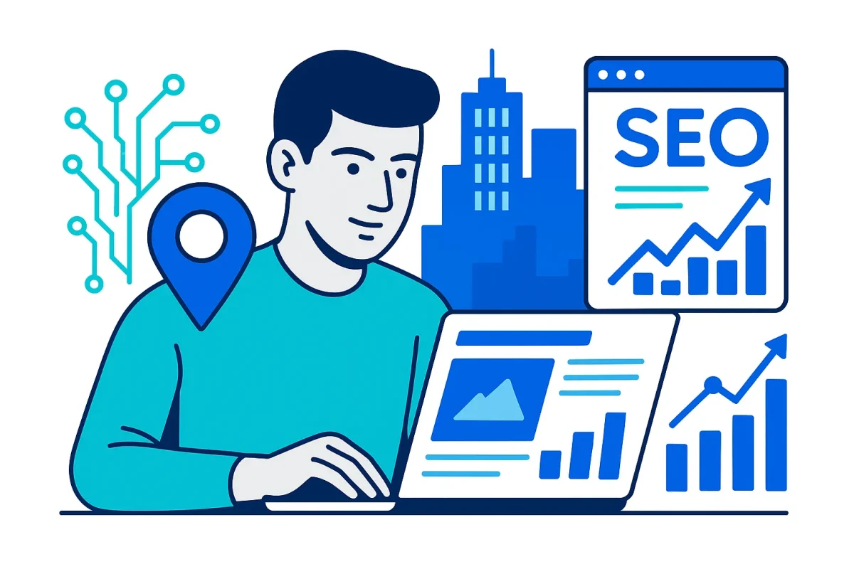 Man coding on laptop with SEO charts, location pin, and cityscape