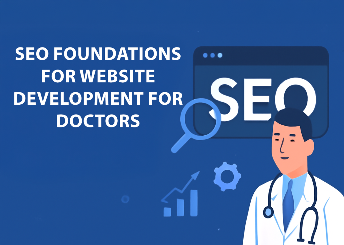 Doctor with SEO icons and a web browser showing "SEO" for website development.