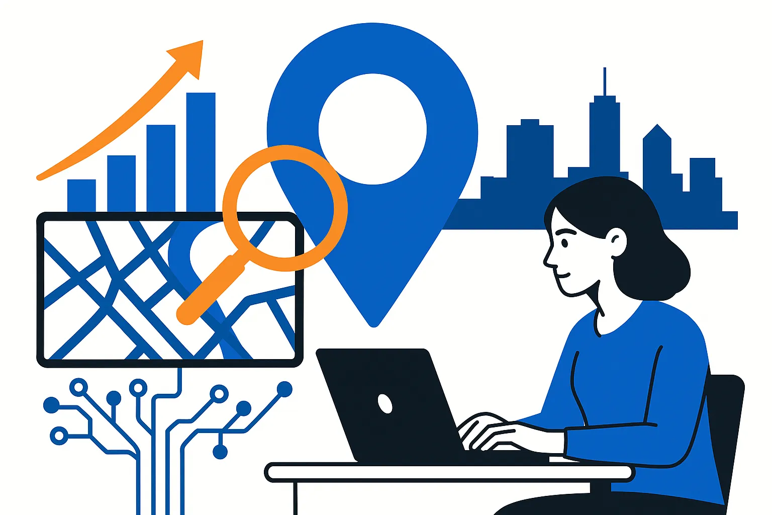 Flat-style illustration of local SEO with laptop, map pin, graph, and city skyline.