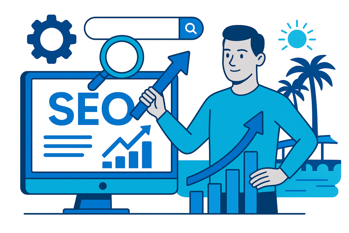 Illustration of SEO growth with businessman, computer, and Cape Coral backdrop