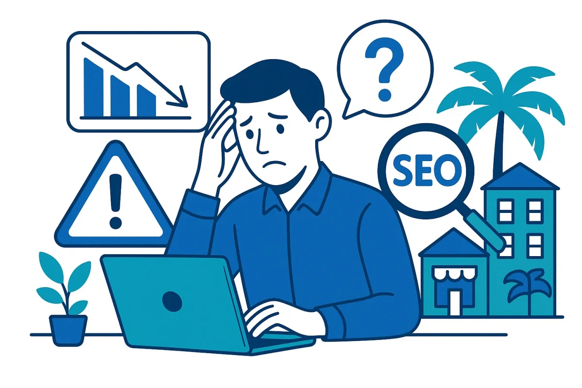 Illustration of worried man at laptop with SEO symbols and warning signs