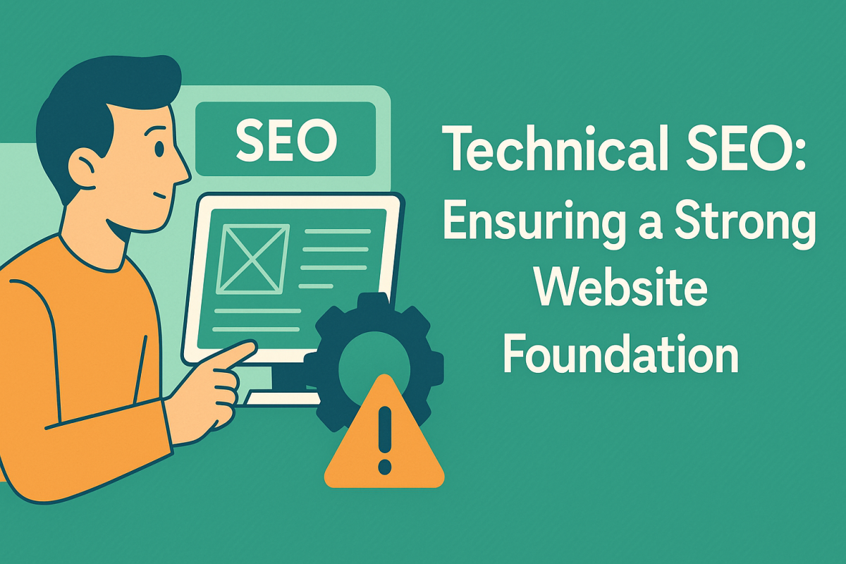Illustration of a person pointing at a website wireframe labeled SEO, with a gear and warning icon symbolizing technical SEO foundation.