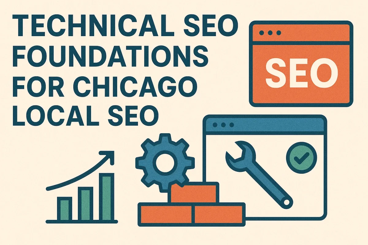 Technical SEO icons with gear, wrench, browser, and growth chart for local SEO Chicago.