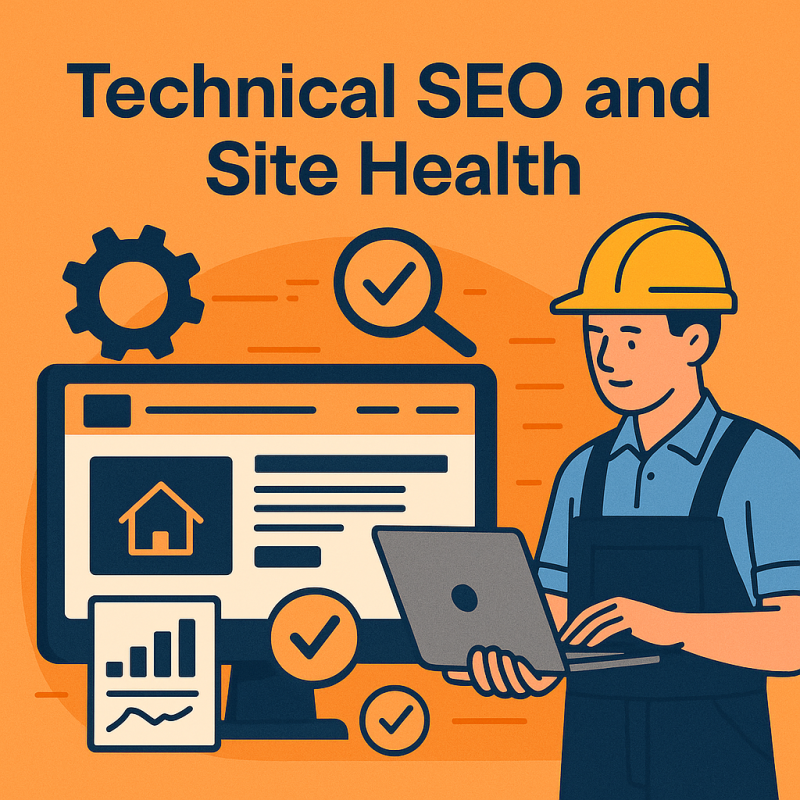 Construction company website design illustration showing technical SEO and site health with builder working on laptop and website analytics icons.
