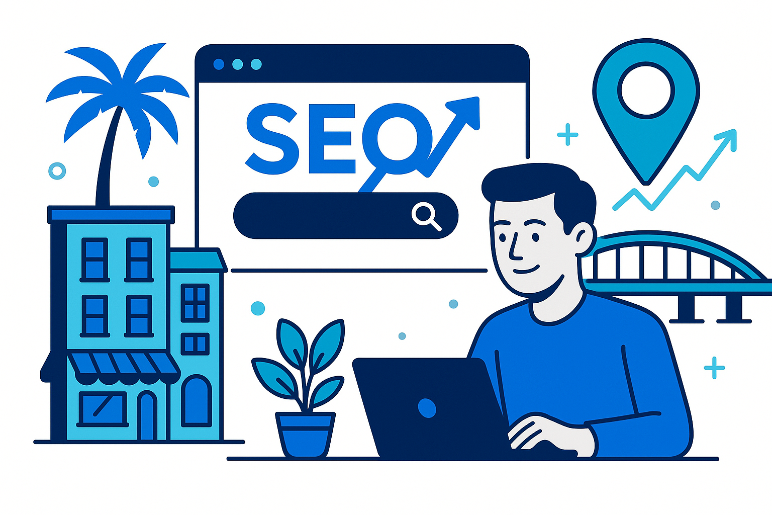 Illustration of SEO and local business growth in Cape Coral with man at laptop and digital icons.