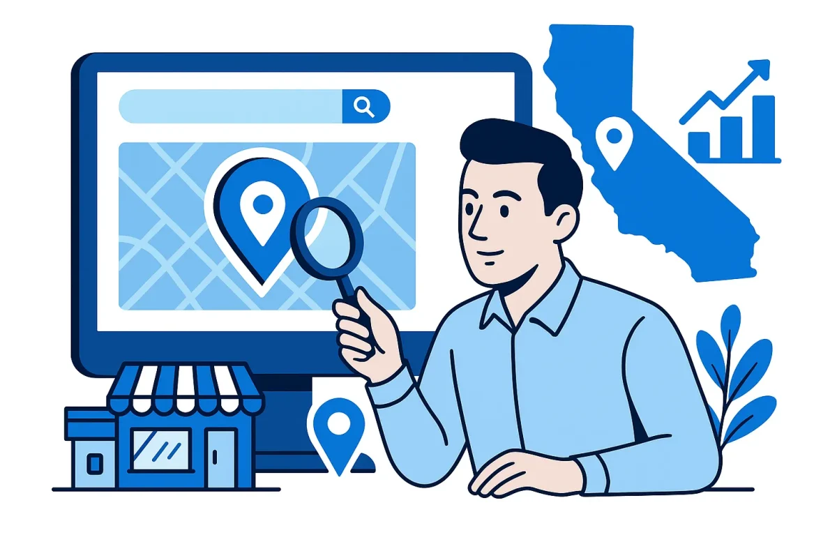 Illustration of local SEO for Napa businesses with map, search, and location icons