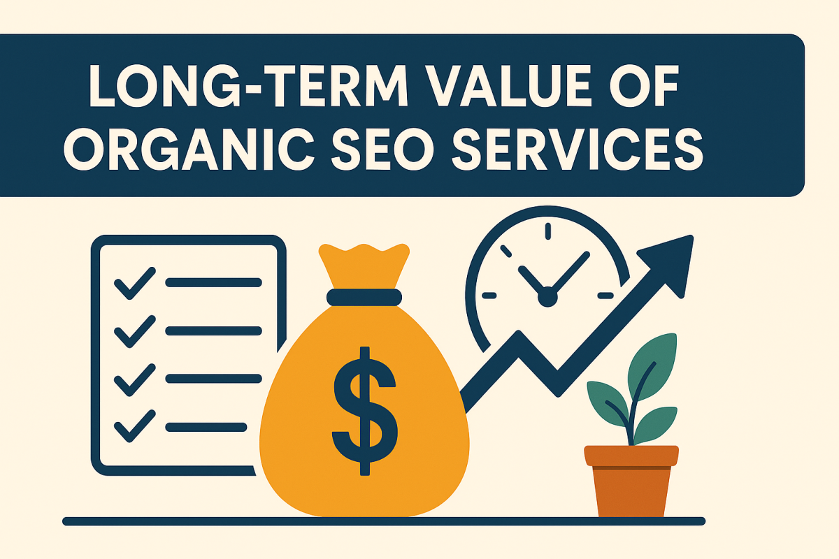 Money bag, checklist, clock, and plant icons showing long-term value of organic SEO services.