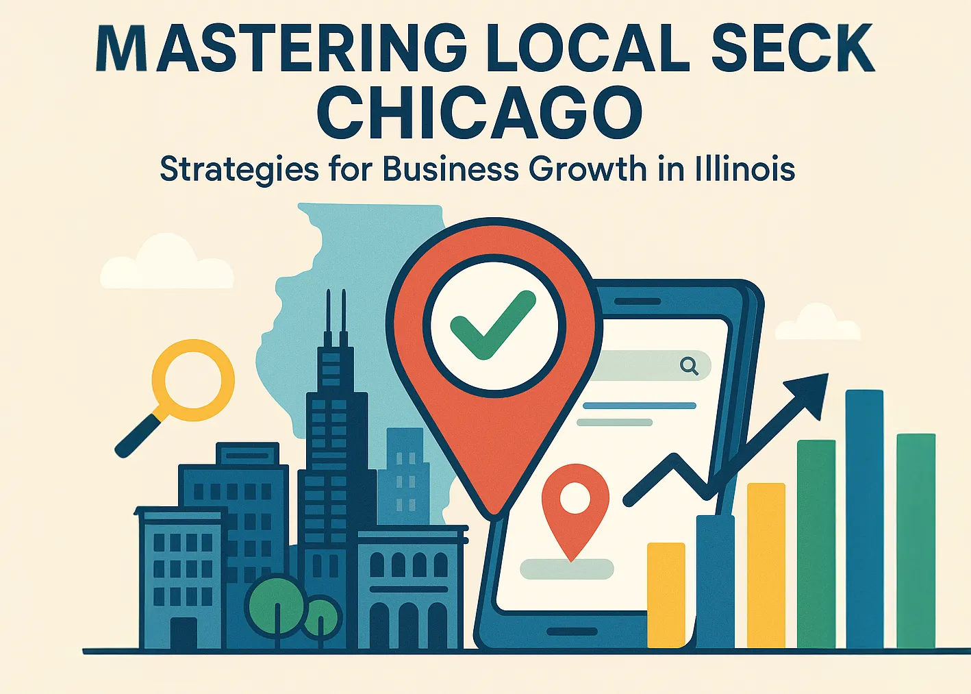 Vector illustration of Chicago skyline, map pin, and SEO growth icons for local business strategy