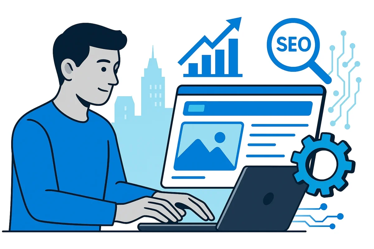 Web designer working on SEO-optimized site with Naperville skyline and growth icons