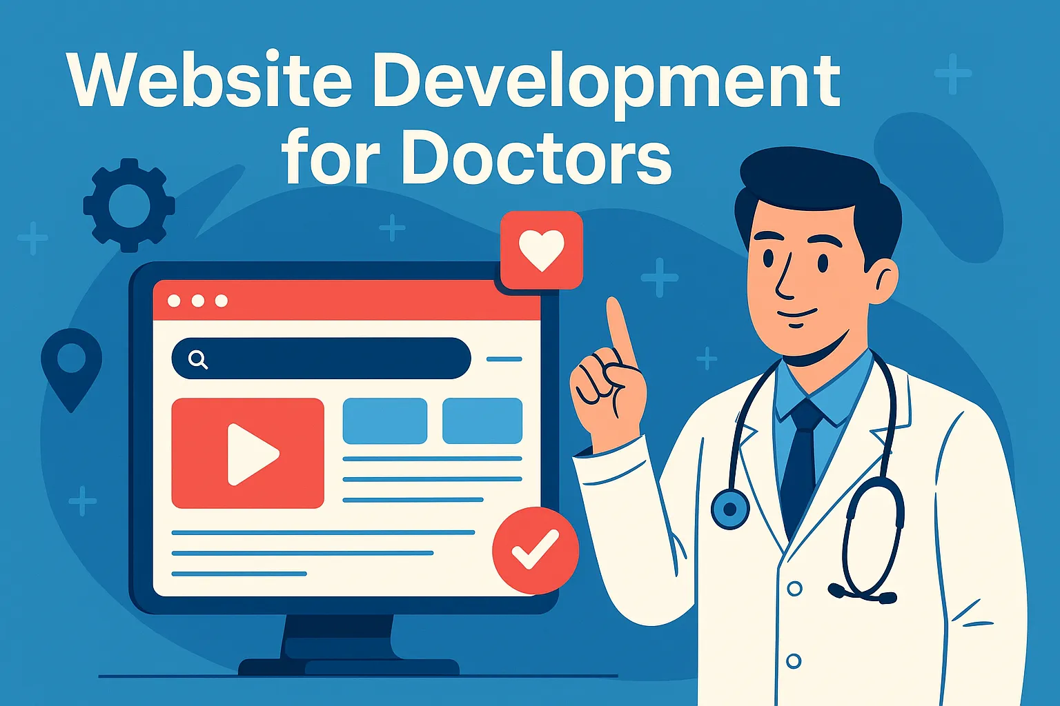 Doctor pointing at website screen with medical icons and text.