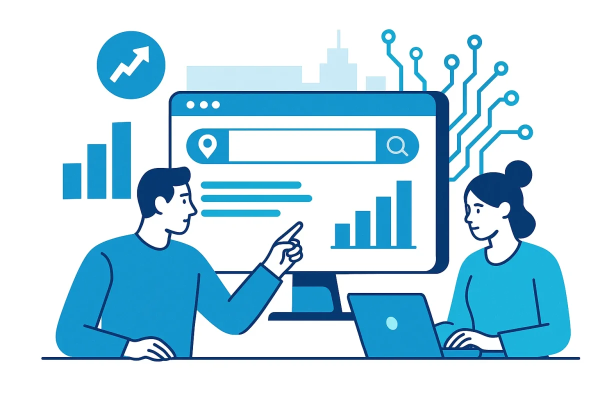 Illustration of local SEO integration with website development for business growth.