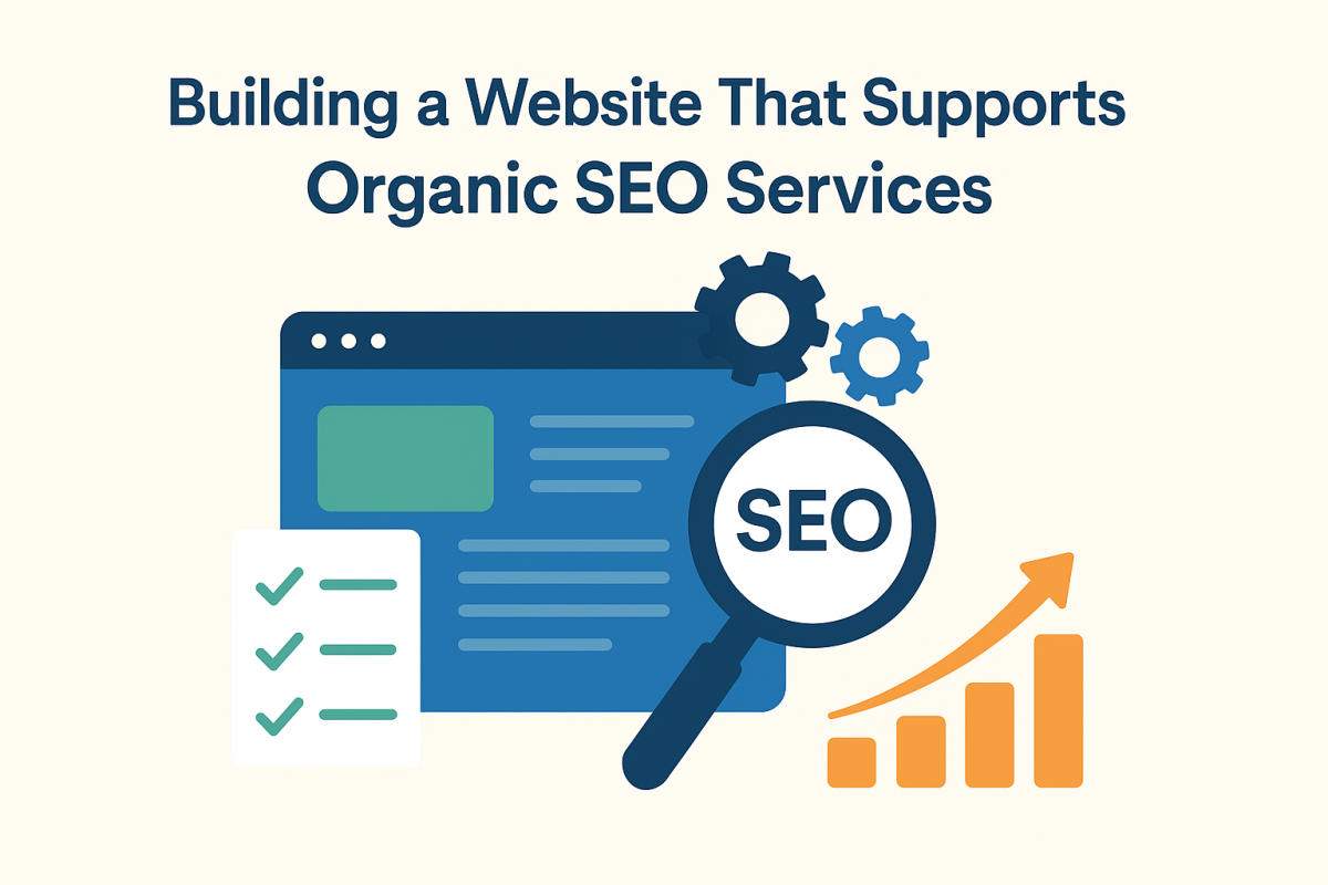 Website with SEO icons, gears, and checklist representing support for organic SEO services.