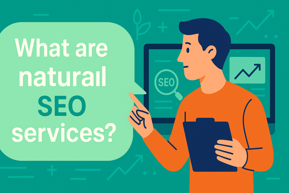 Illustration of a person analyzing SEO data beside a speech bubble asking 'What are natural SEO services?' on a green background.