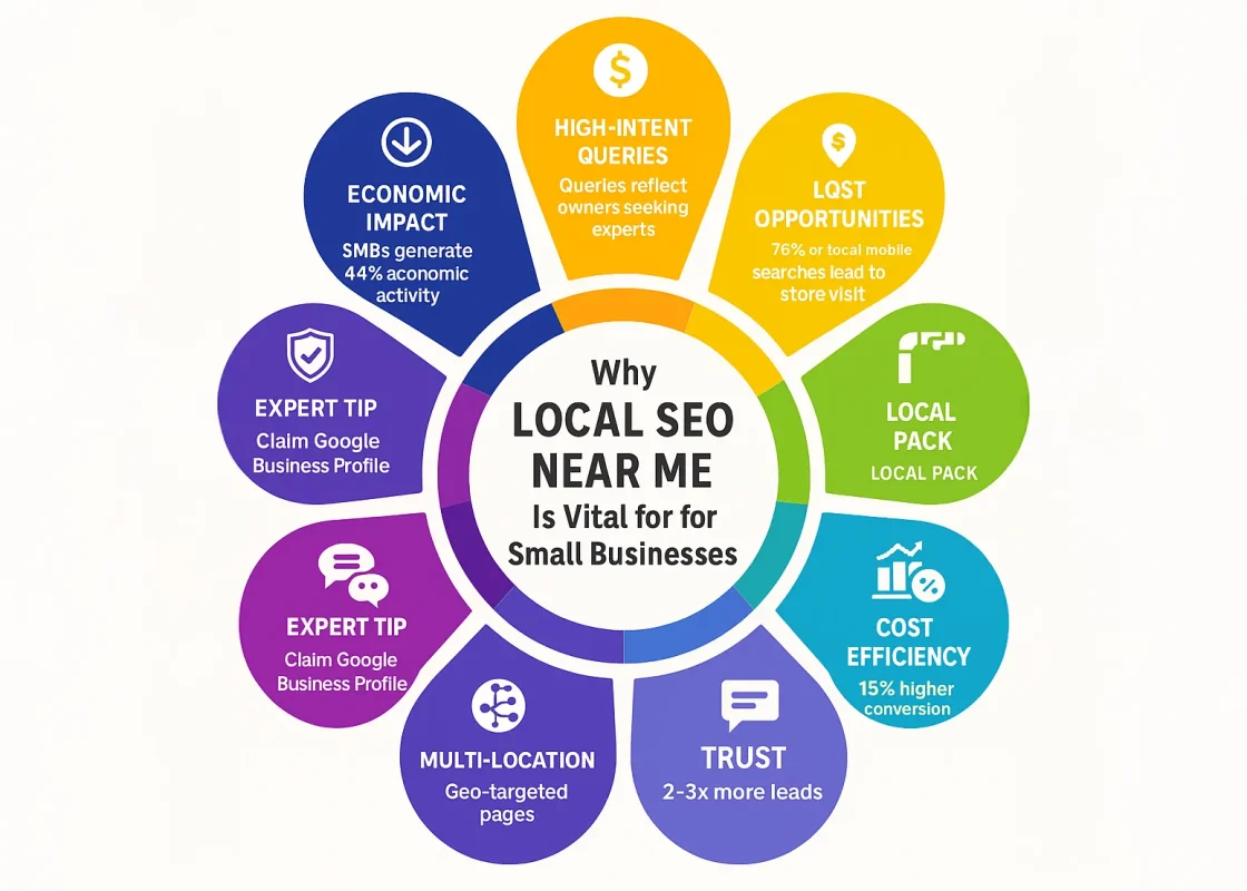 Circular infographic illustrating key local SEO “near me” benefits for small businesses