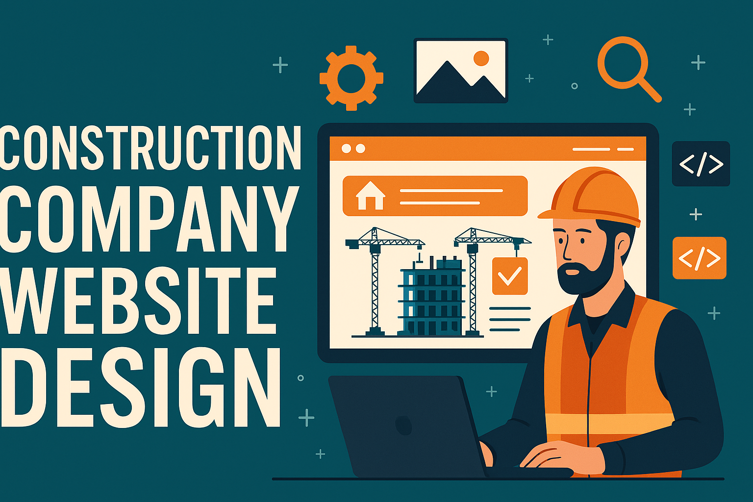 Vector illustration of a construction company website design with a builder using a laptop and a website preview on a monitor