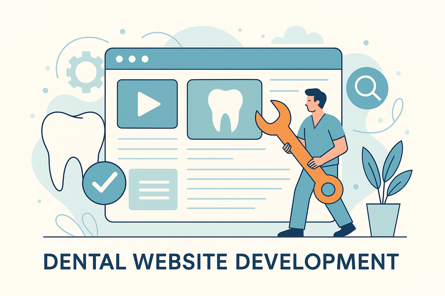 Dental website development illustration with dentist and web browser elements.