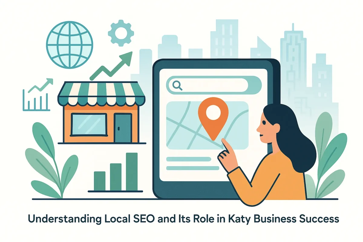 Illustration showing local SEO company Katy helping businesses grow with digital tools and map icons.