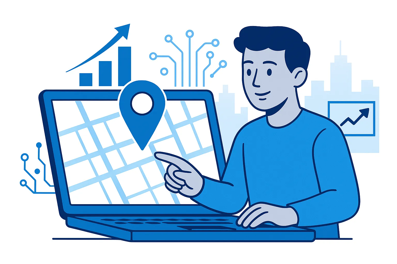 Illustration of person using laptop with location pin, growth chart, and digital icons