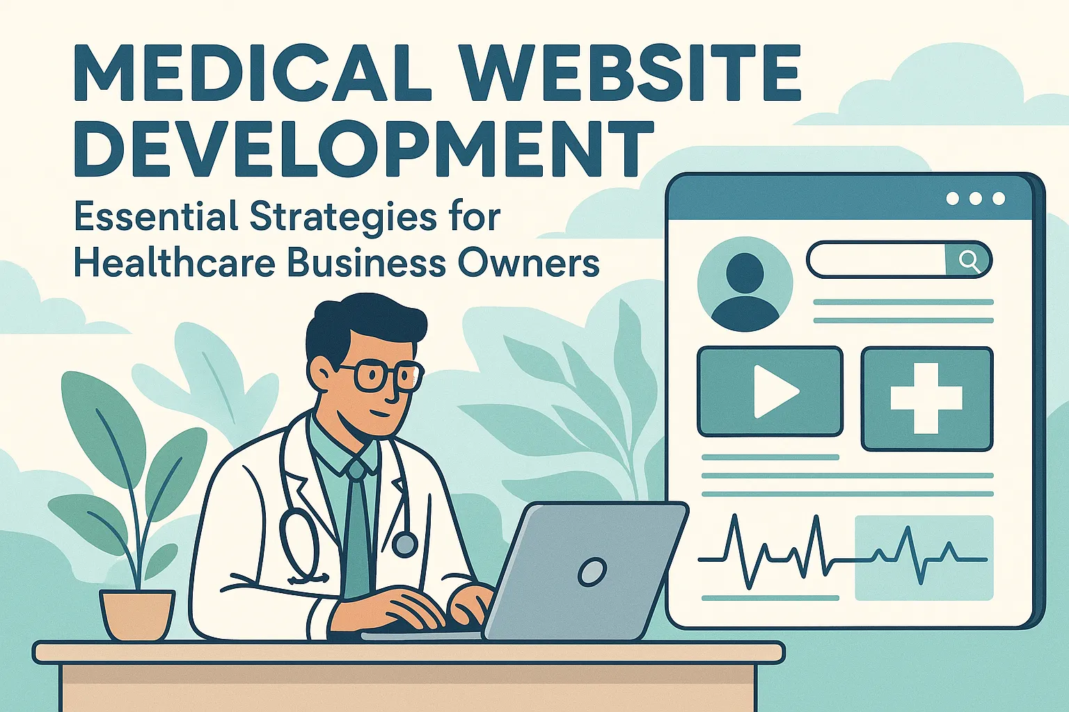 Doctor using laptop with medical website interface on screen