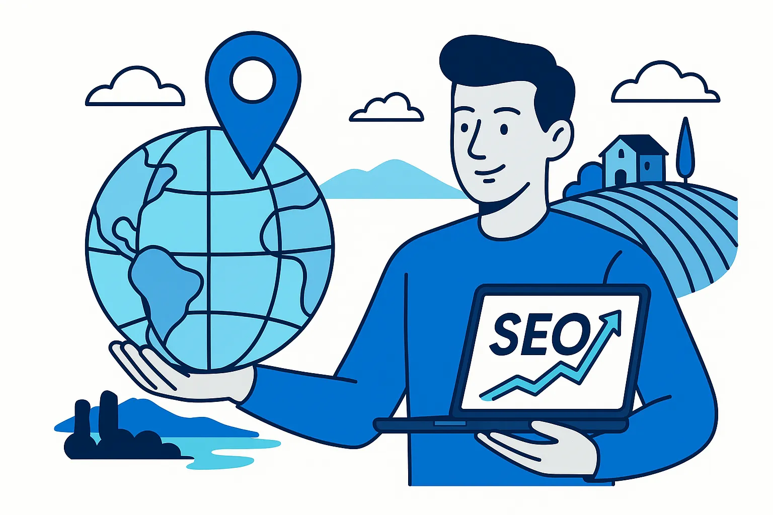 Person holding laptop and globe with SEO and map pin symbols