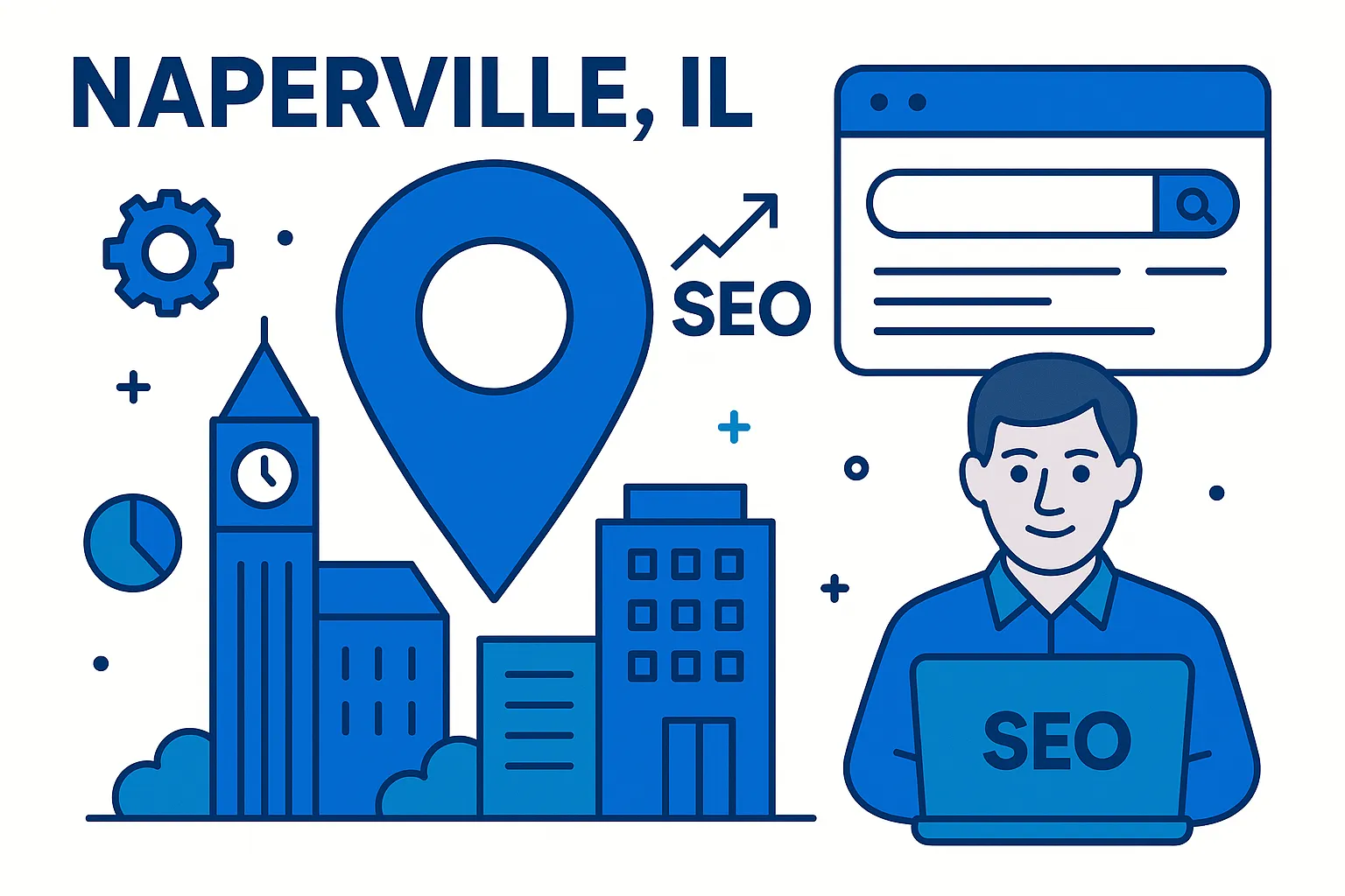Local SEO illustration with Naperville buildings, map pin, and person using laptop.