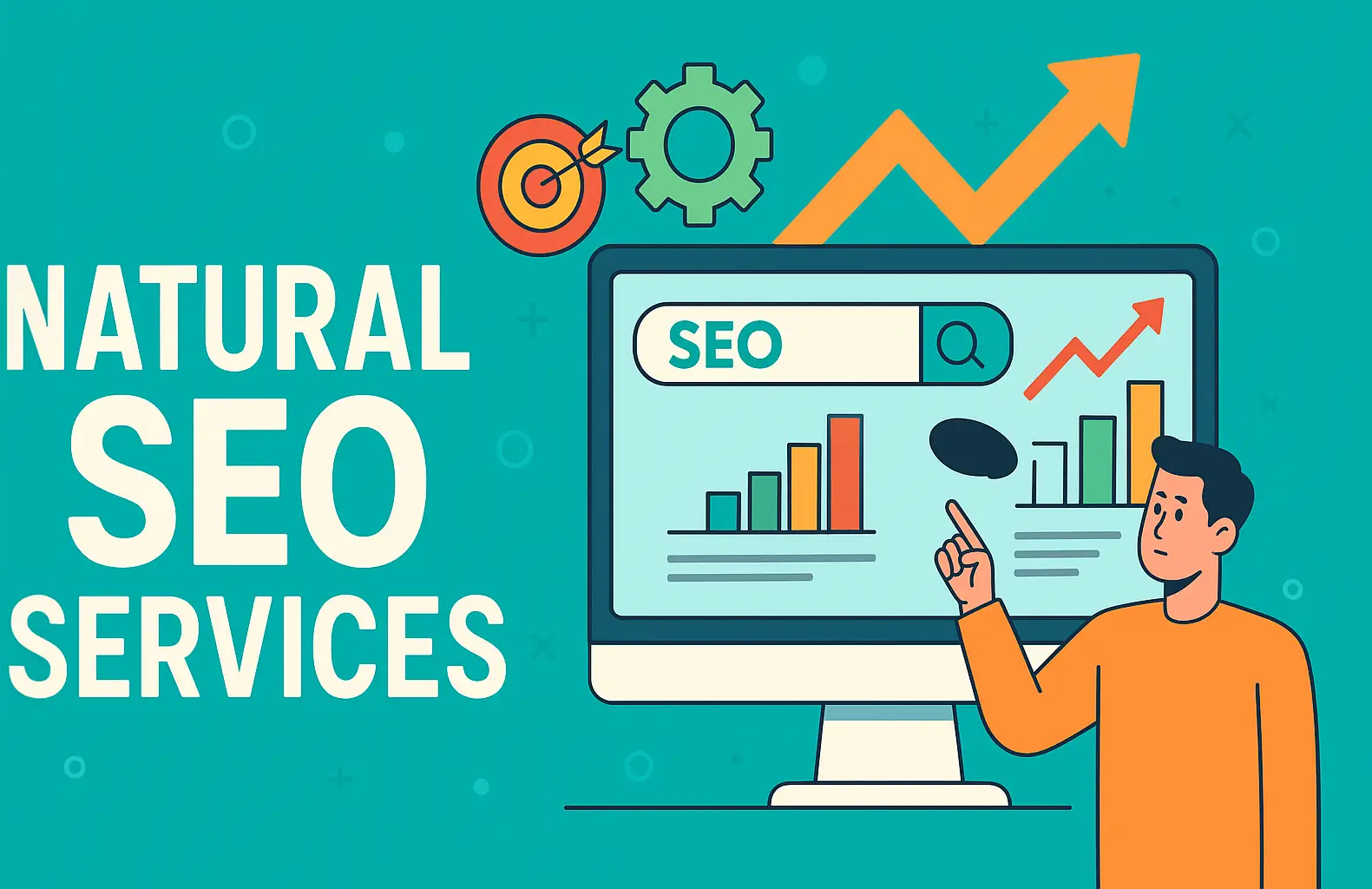 Vector illustration of a person analyzing SEO performance on a computer screen with the text 'Natural SEO Services' on a teal background