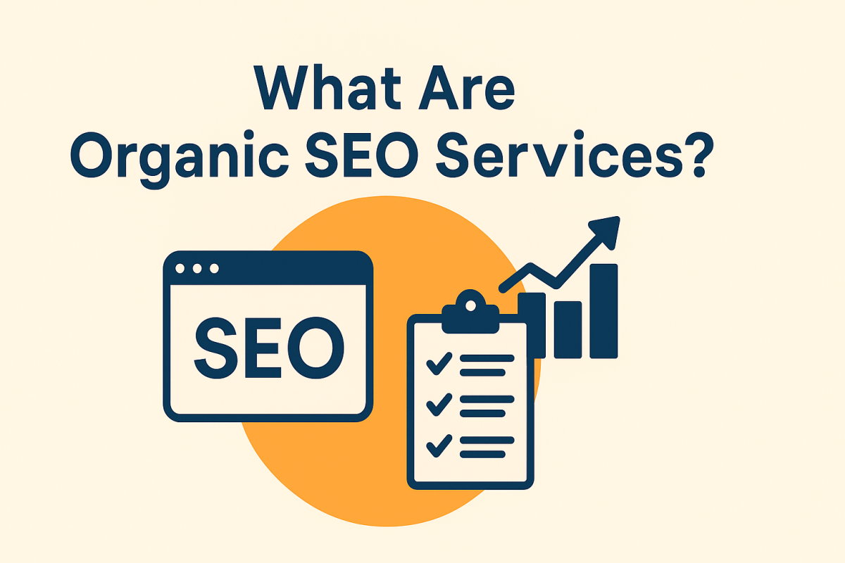 Illustration of organic SEO services with SEO icon, checklist, and growth chart.