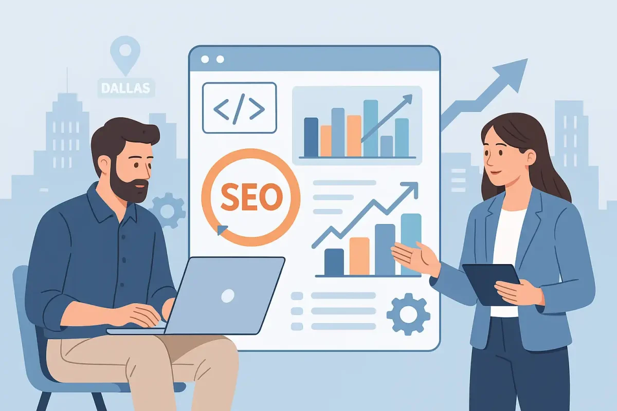 Illustration of two professionals analyzing SEO growth with charts and laptop in Dallas city backdrop