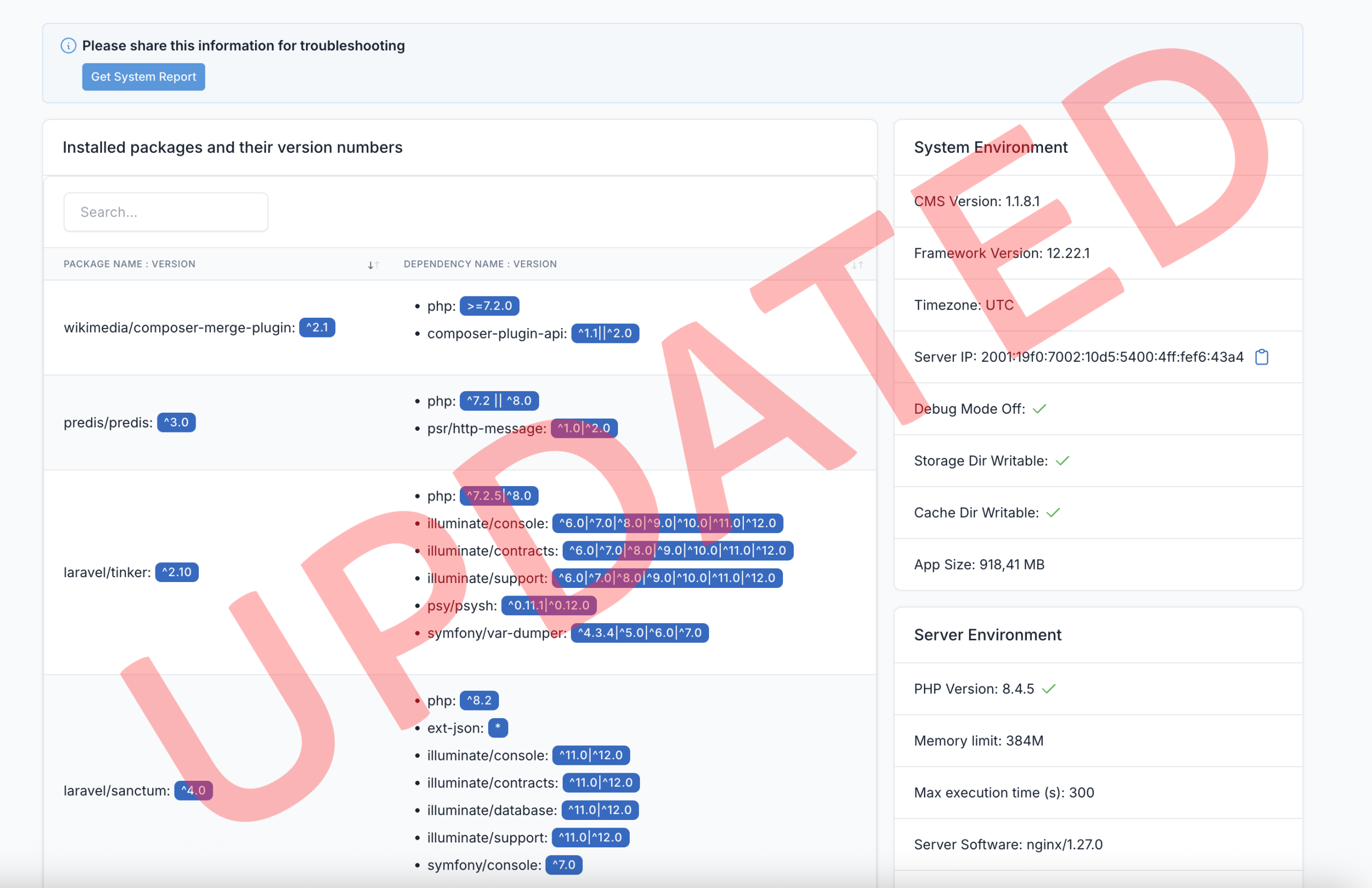 Laravel System Status Info
